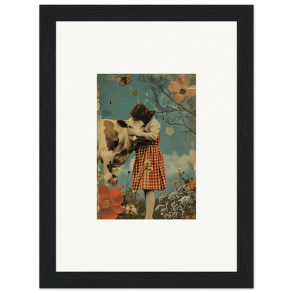 Framed canvas print of a girl in a checkered dress in Cosmic Meadow Hymn artwork