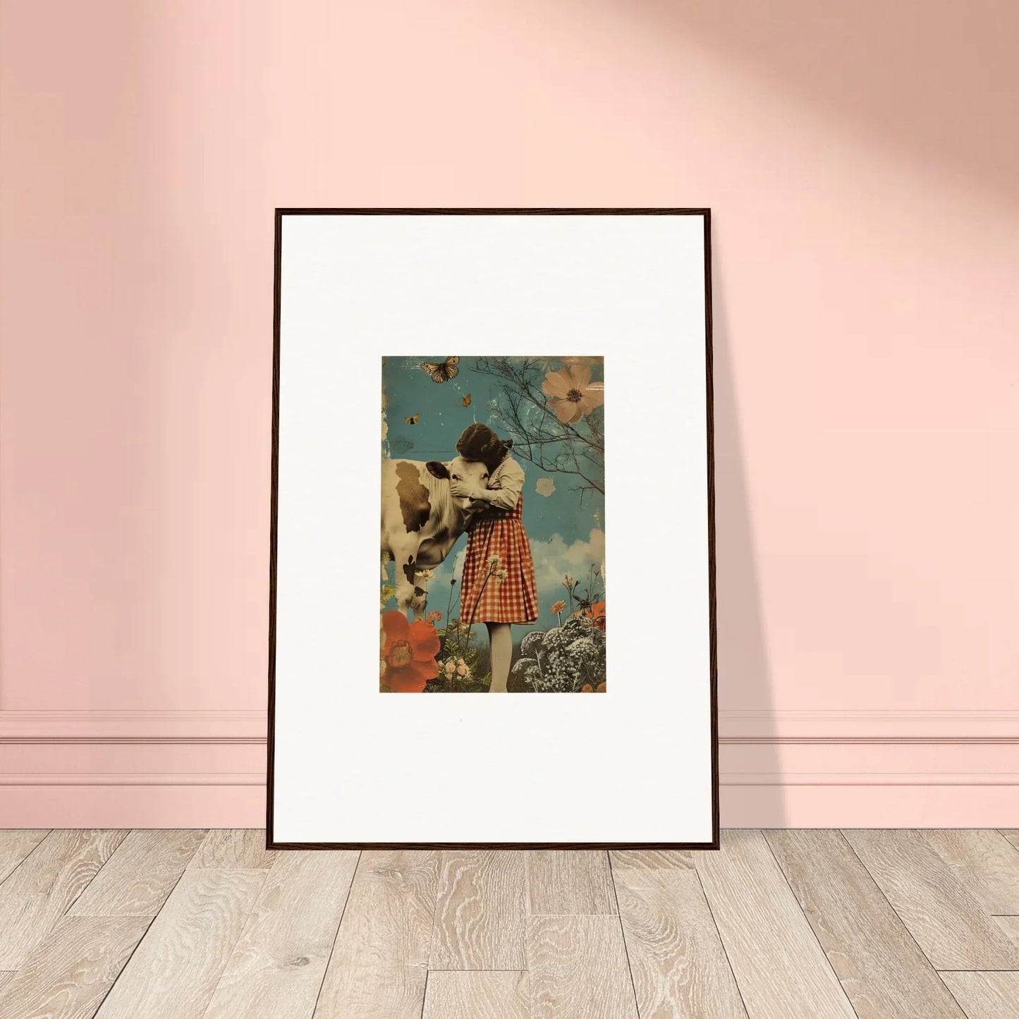 Framed canvas print of a figure in checkered dress with dog in meadow hymn decor