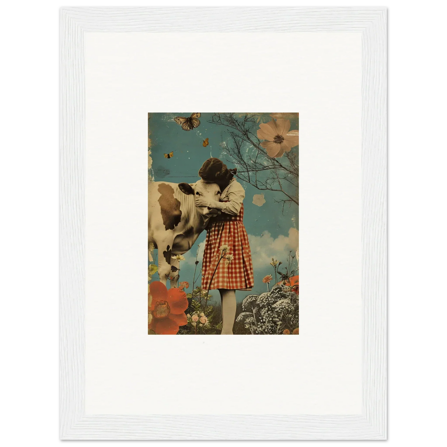 Vintage collage of a girl in plaid with a cow, perfect for meadow hymn room decoration