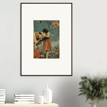 Framed canvas print of a plaid-dressed figure with a cow in a dreamy meadow hymn scene