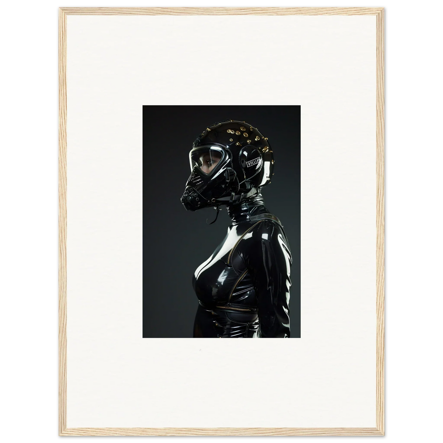 Glossy black latex or rubber suit with a matching mask featuring a beak-like protrusion.