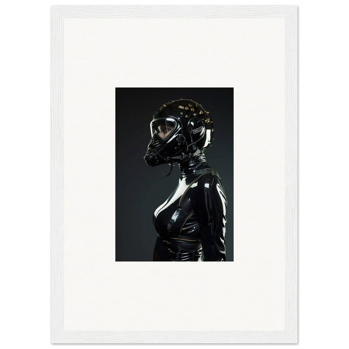 Glossy black latex-clad figure wearing a gas mask or respirator.