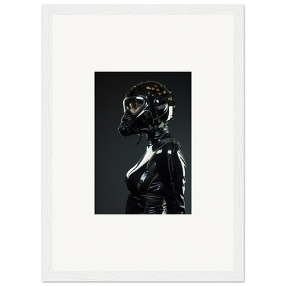 Glossy black latex-clad figure wearing a gas mask or respirator.