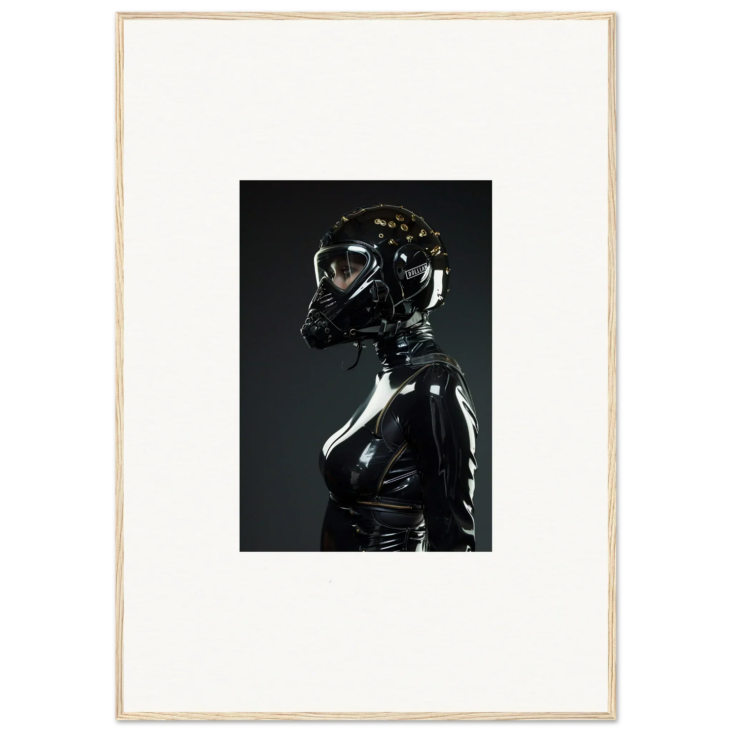 Shiny black latex-clad figure with a reflective helmet or mask.