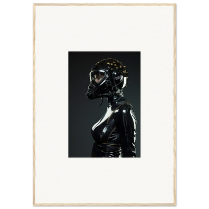 Shiny black latex-clad figure with a reflective helmet or mask.