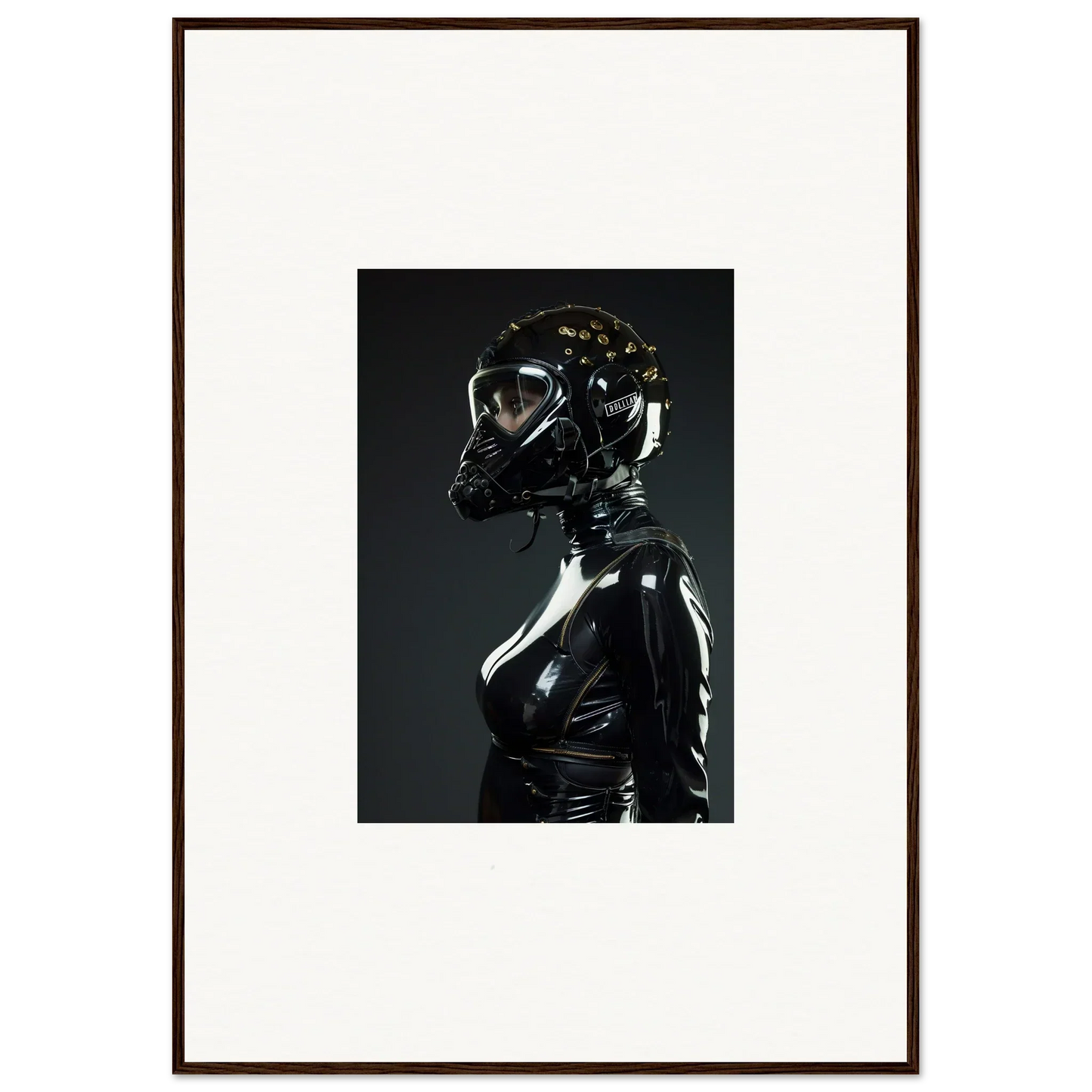 Shiny black latex or rubber figure with a dog-like mask or helmet.