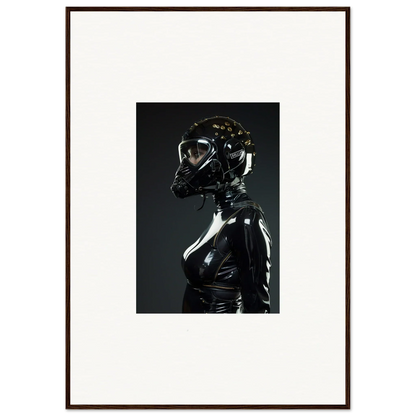 Shiny black latex or rubber figure with a dog-like mask or helmet.