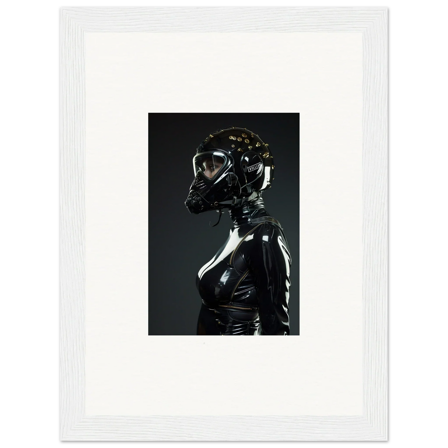 Glossy black latex or rubber figure with a reflective surface and form-fitting outfit.