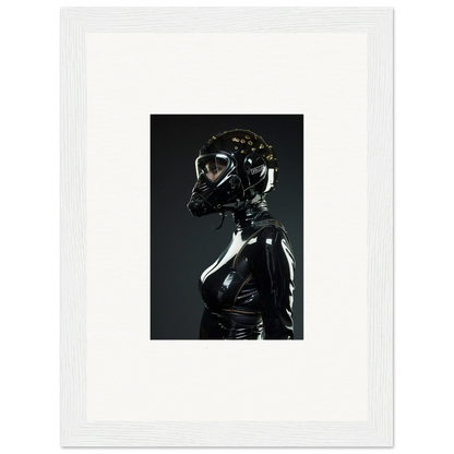 Glossy black latex or rubber figure with a reflective surface and form-fitting outfit.