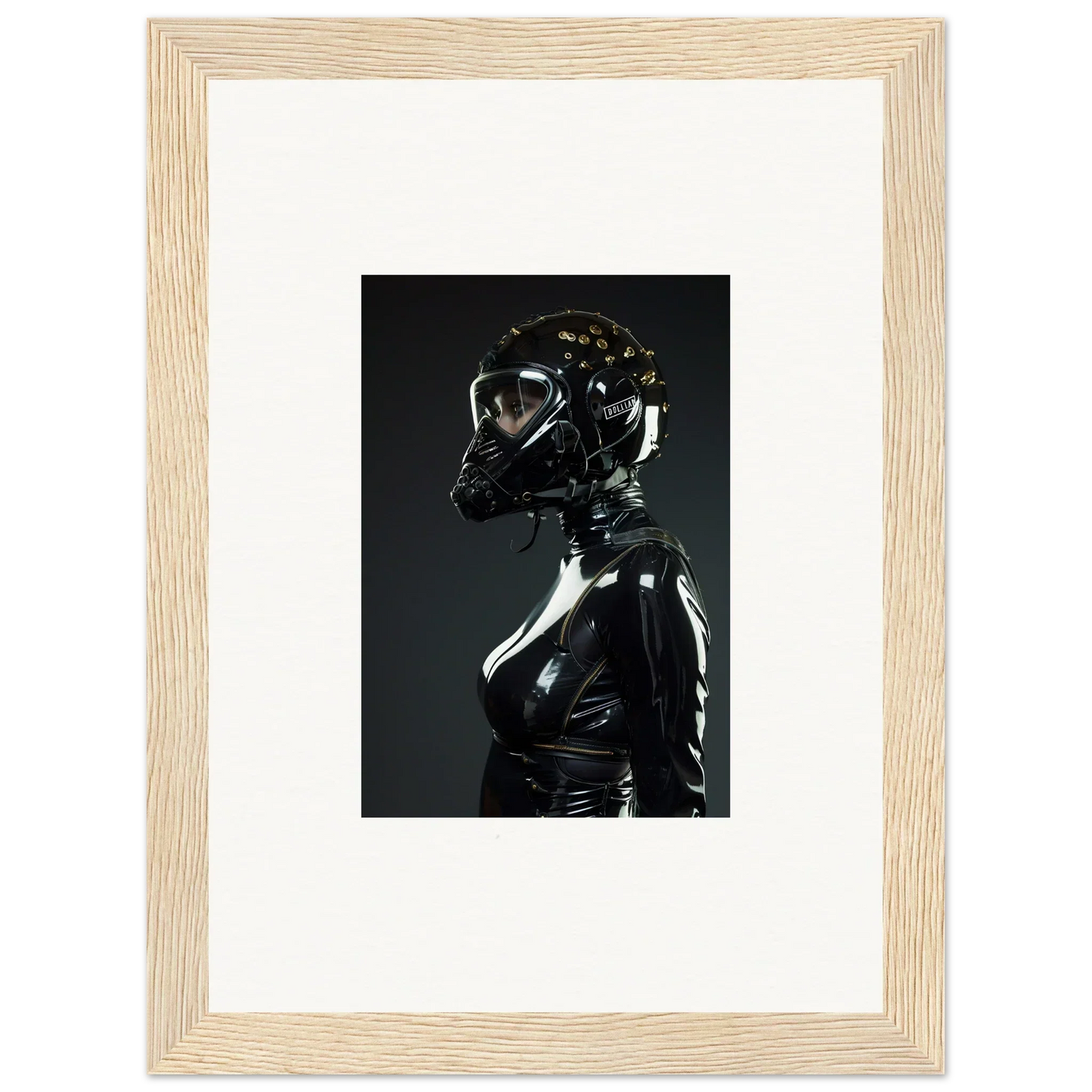 Framed photograph of a figure wearing a shiny black outfit and gas mask.