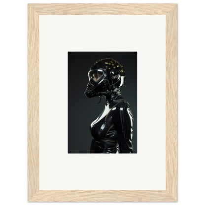 Framed photograph of a figure wearing a shiny black outfit and gas mask.