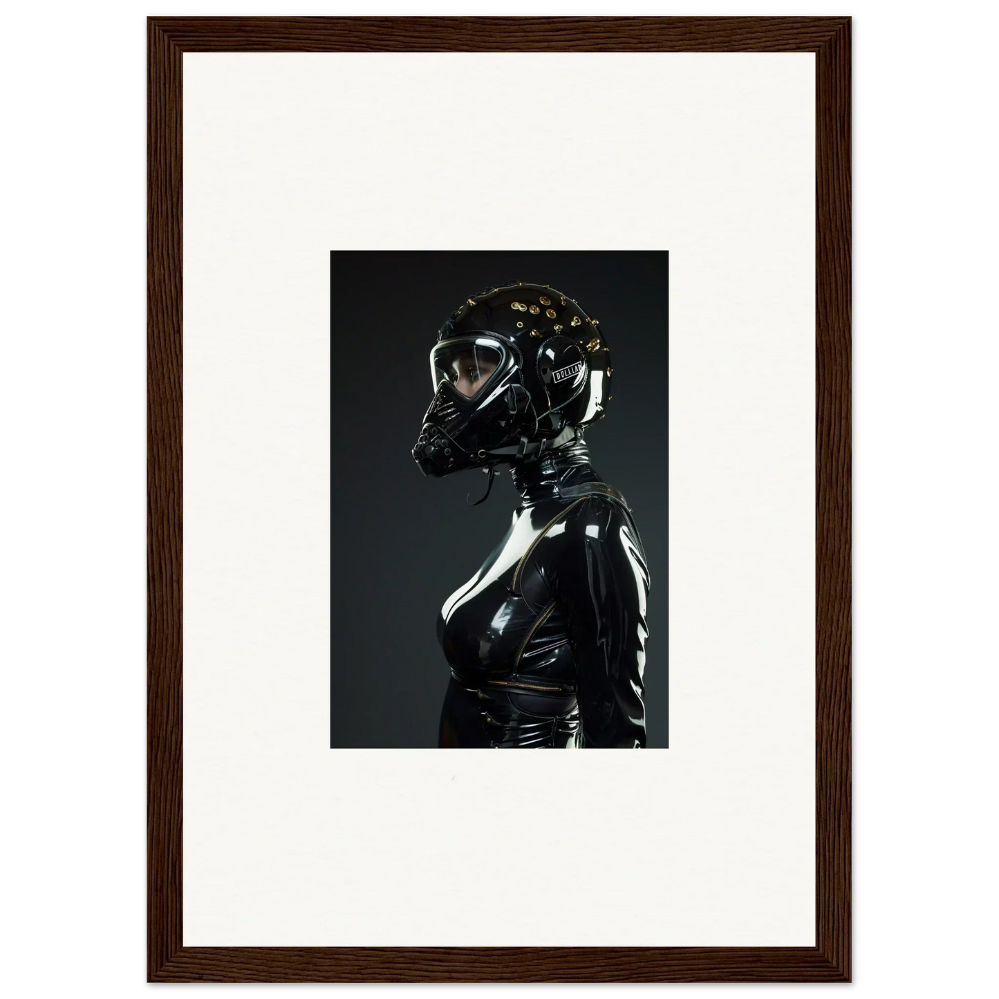 Shiny black latex-clad figure with a reflective helmet or mask.