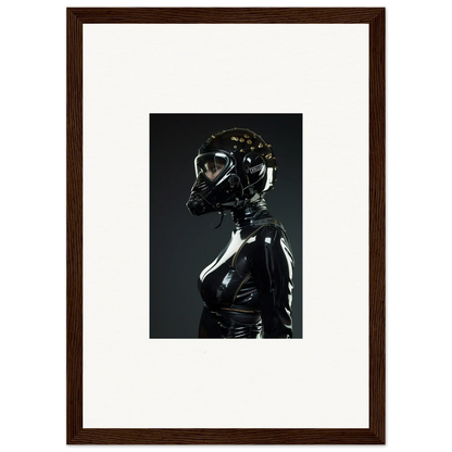 Shiny black latex-clad figure with a reflective helmet or mask.