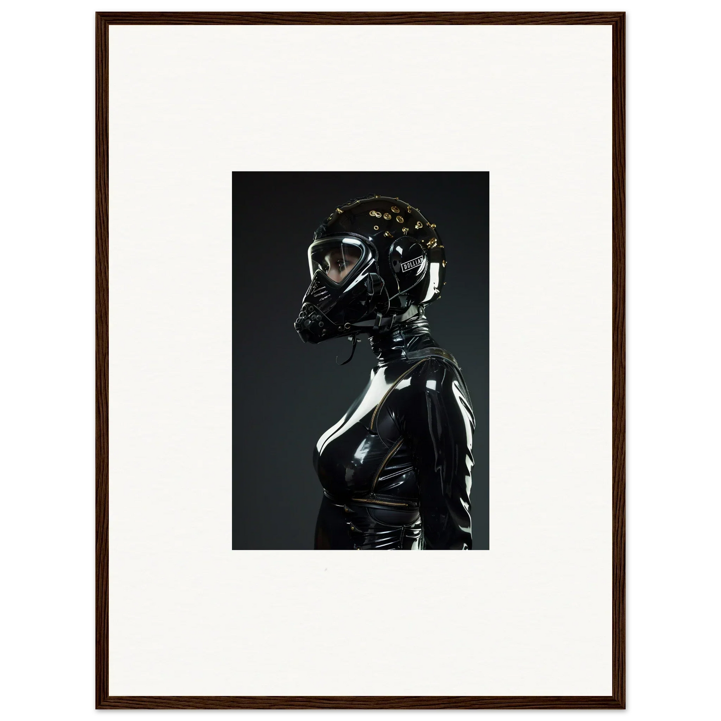 Glossy black latex or rubber suit with a matching gas mask or respirator.