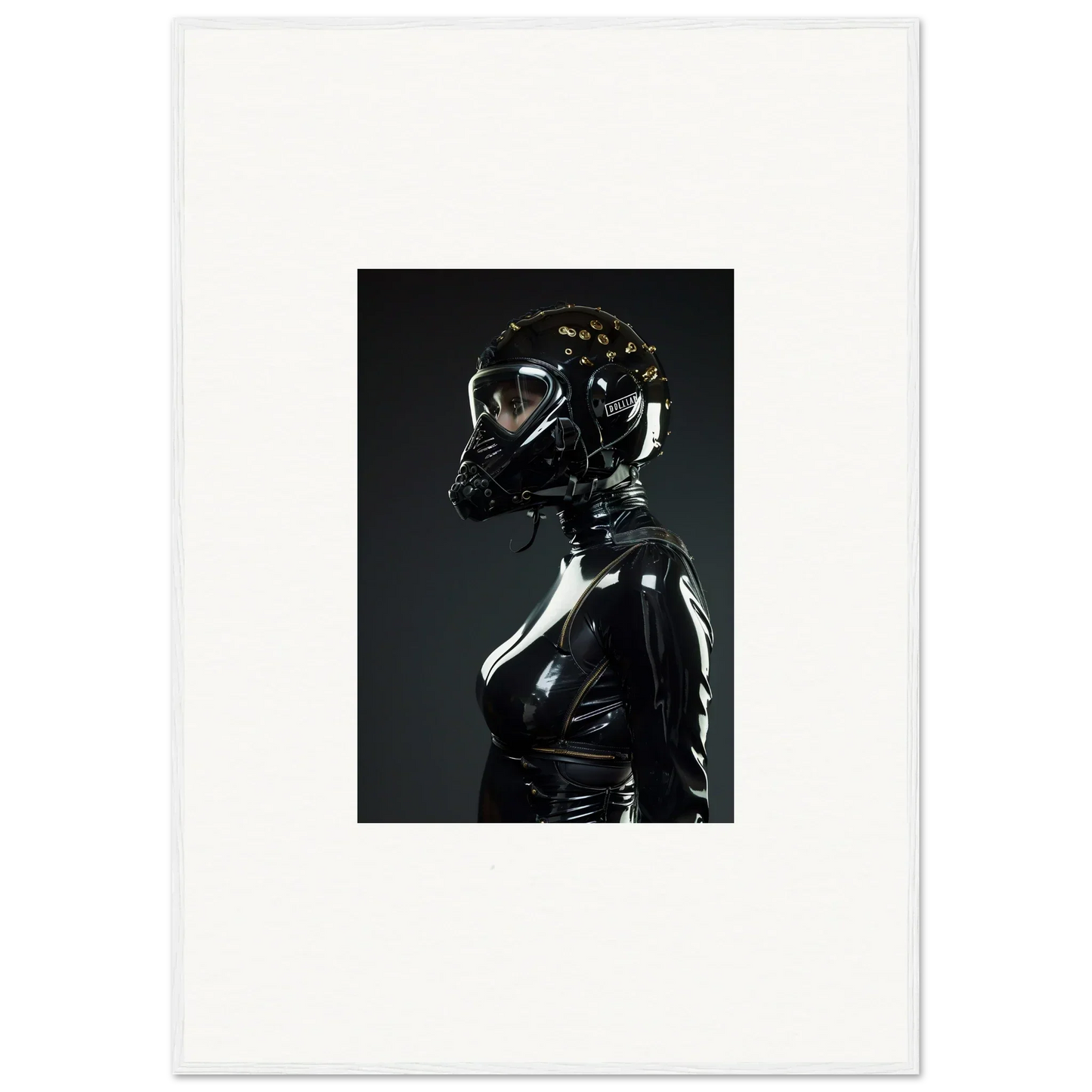 Shiny black latex or rubber figure with a gas mask-like head covering.