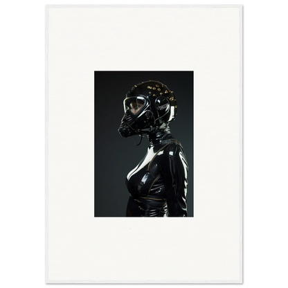 Shiny black latex or rubber figure with a gas mask-like head covering.