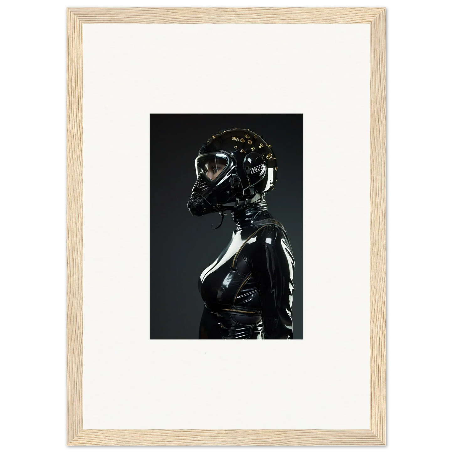 Framed photograph of a figure in shiny black attire with a reflective helmet.