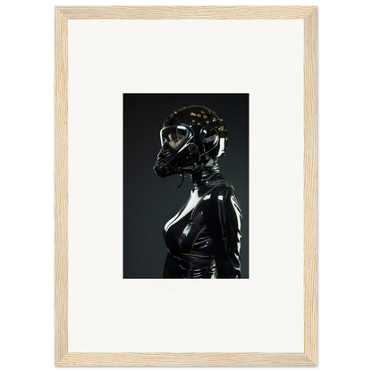 Framed photograph of a figure in shiny black attire with a reflective helmet.