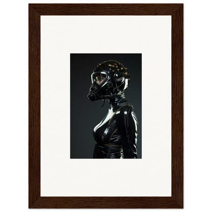 Framed photograph of a figure in shiny black latex or rubber attire with a matching mask or helmet.