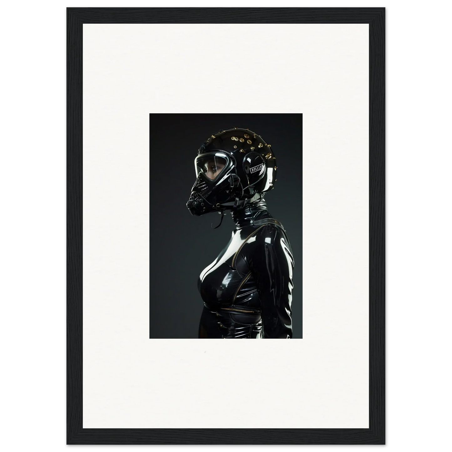 Framed artwork depicting a figure in a shiny black suit and helmet with glowing details.