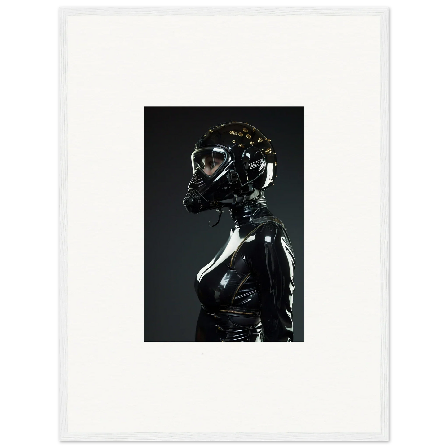 Futuristic figure wearing a black shiny bodysuit and helmet with a reflective visor.