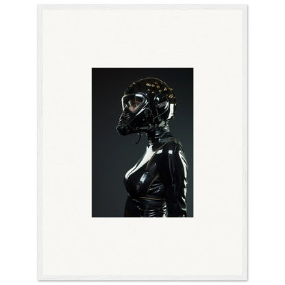 Futuristic figure wearing a black shiny bodysuit and helmet with a reflective visor.