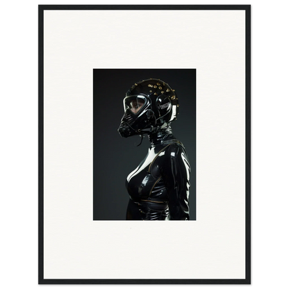 Glossy black latex or rubber figure wearing a gas mask or respirator.