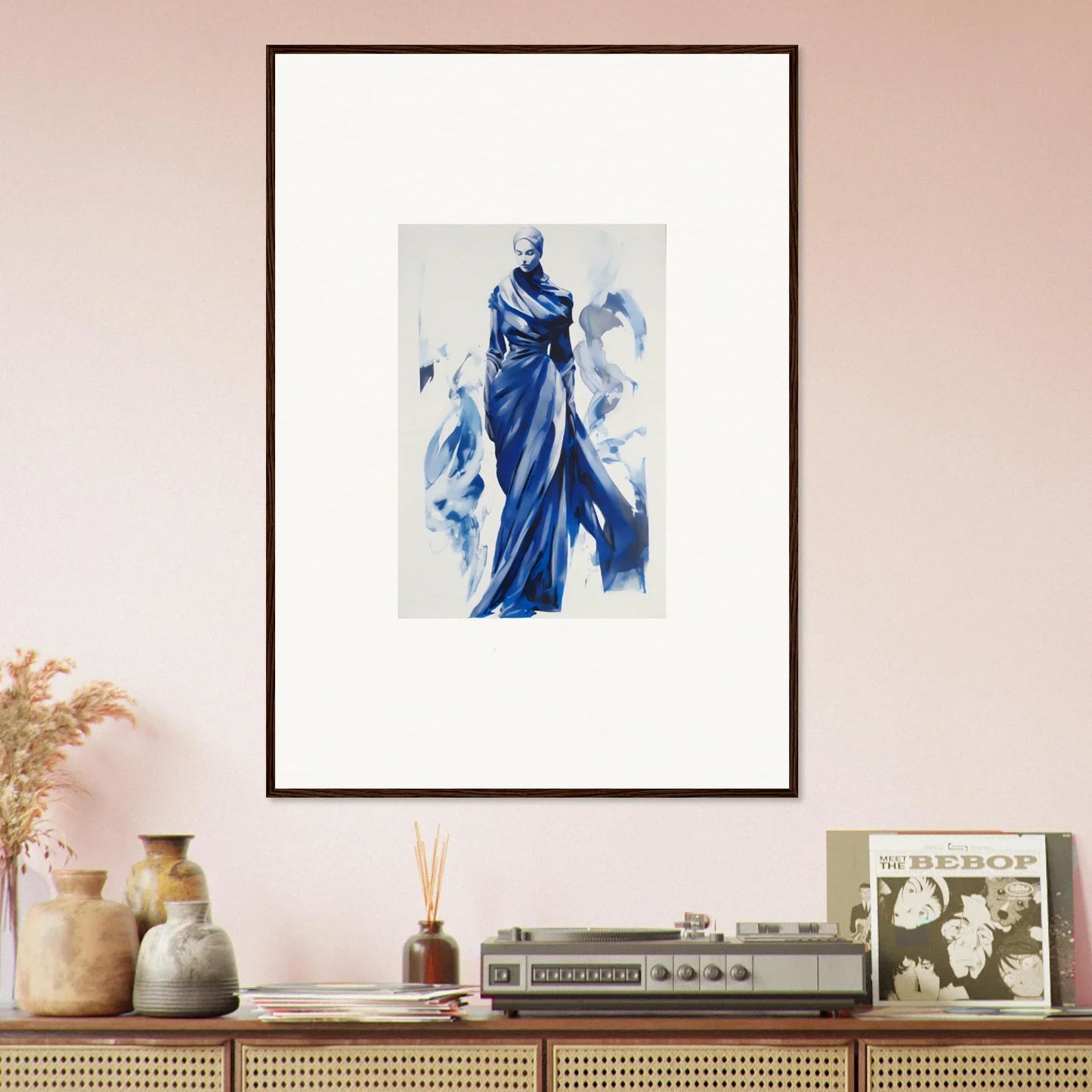 Framed wall art of a figure in blue robes, perfect for Cosmic Mood Cloaked lovers