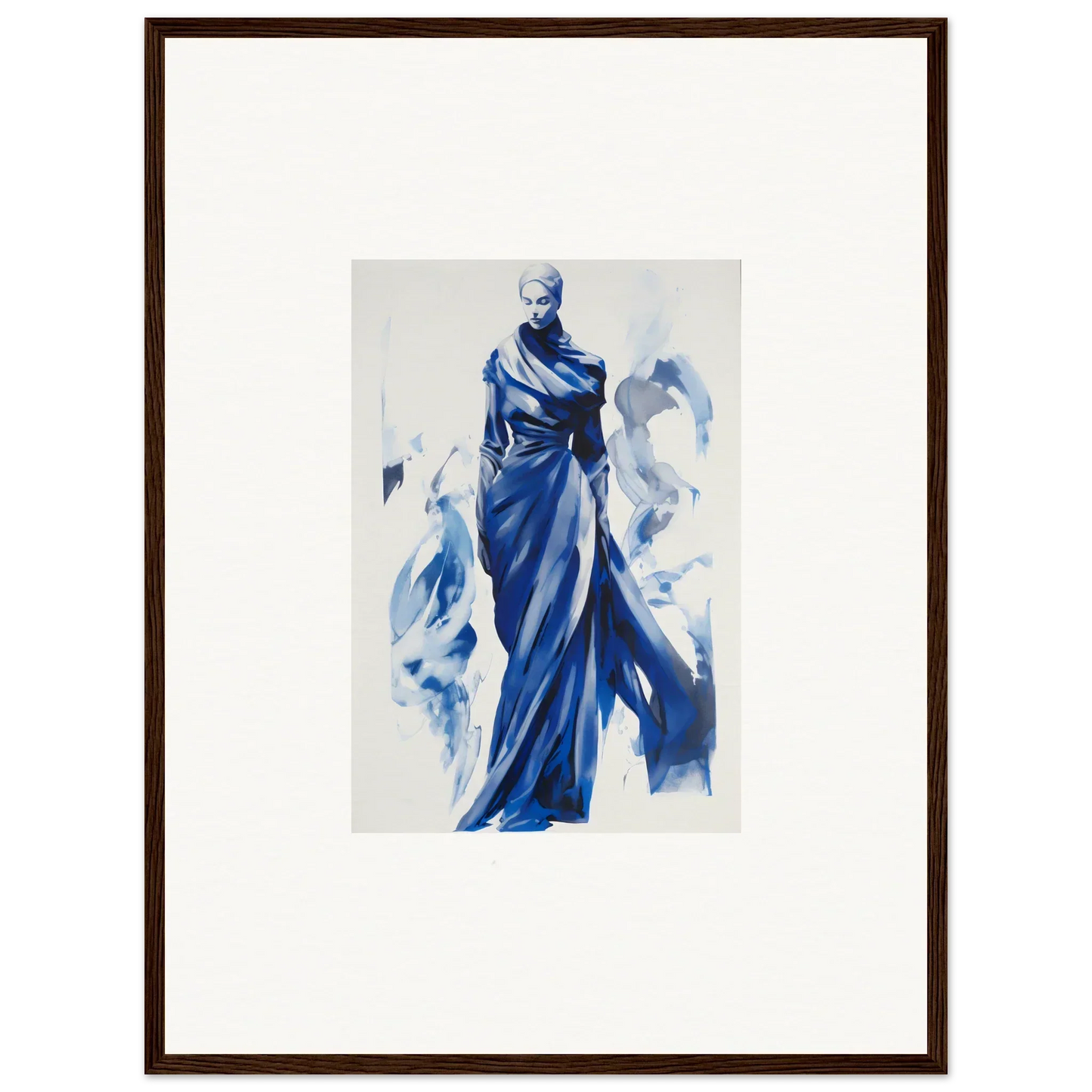 Elegant figure in blue gown watercolor for Cosmic Mood Cloaked framed wall art