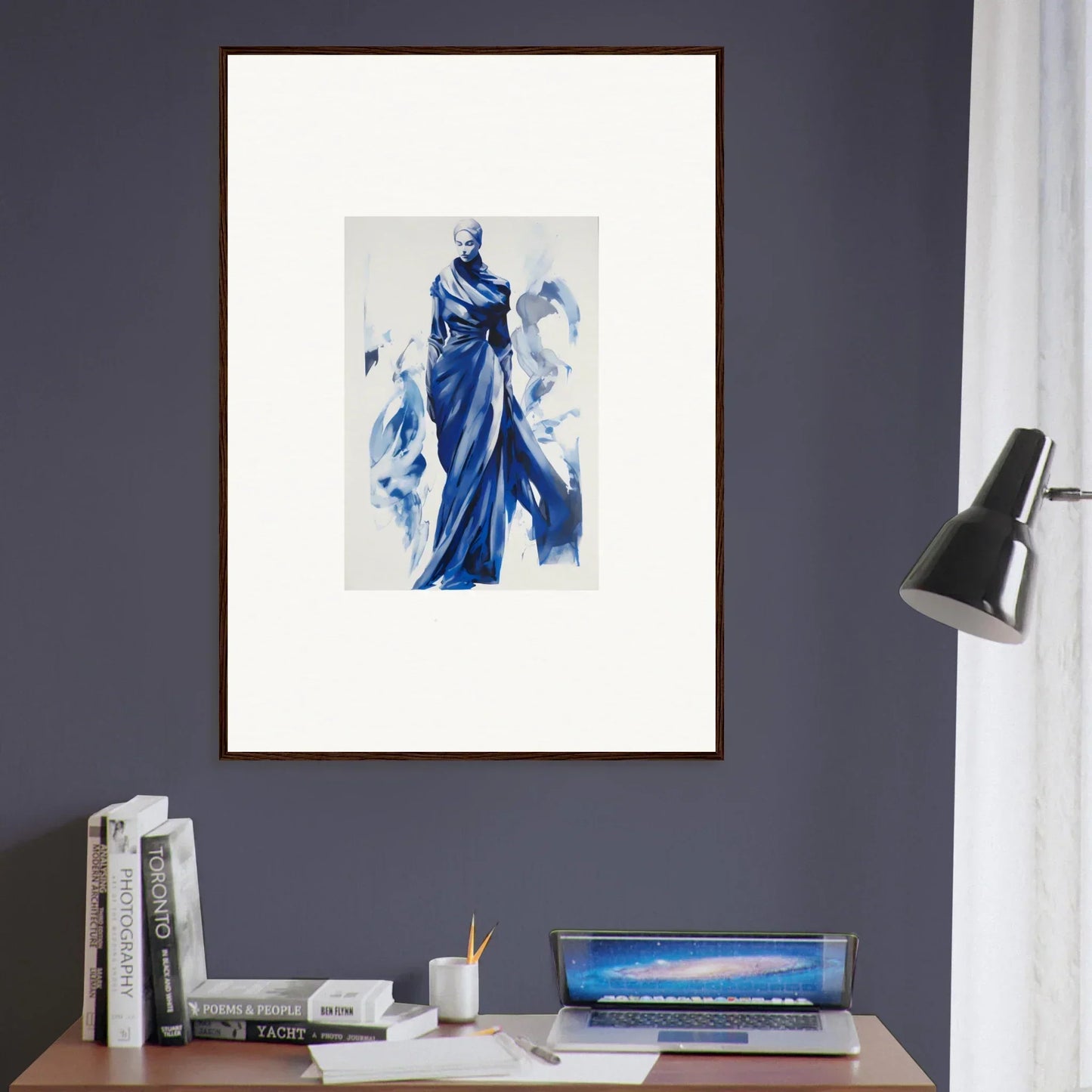 Framed wall art of Cosmic Mood Cloaked with a flowing blue robe in ethereal style