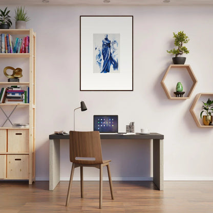 Modern home office with Cosmic Mood Cloaked art, dark desk, and wooden chair