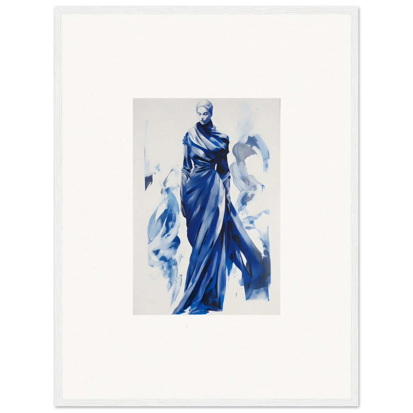 Elegant figure in flowing blue gown in Cosmic Mood Cloaked framed wall art