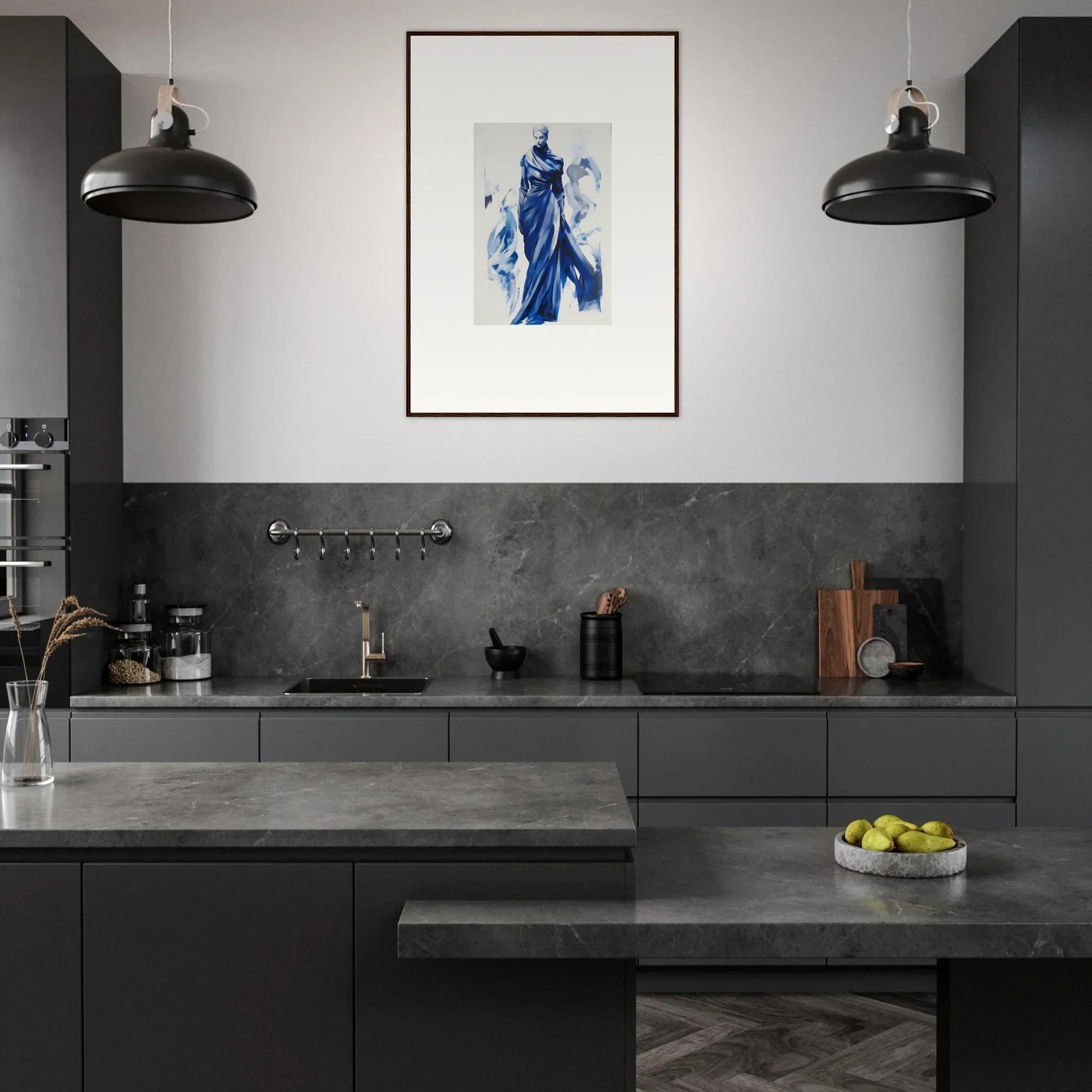 Modern dark gray kitchen featuring Cosmic Mood Cloaked and industrial pendant lights