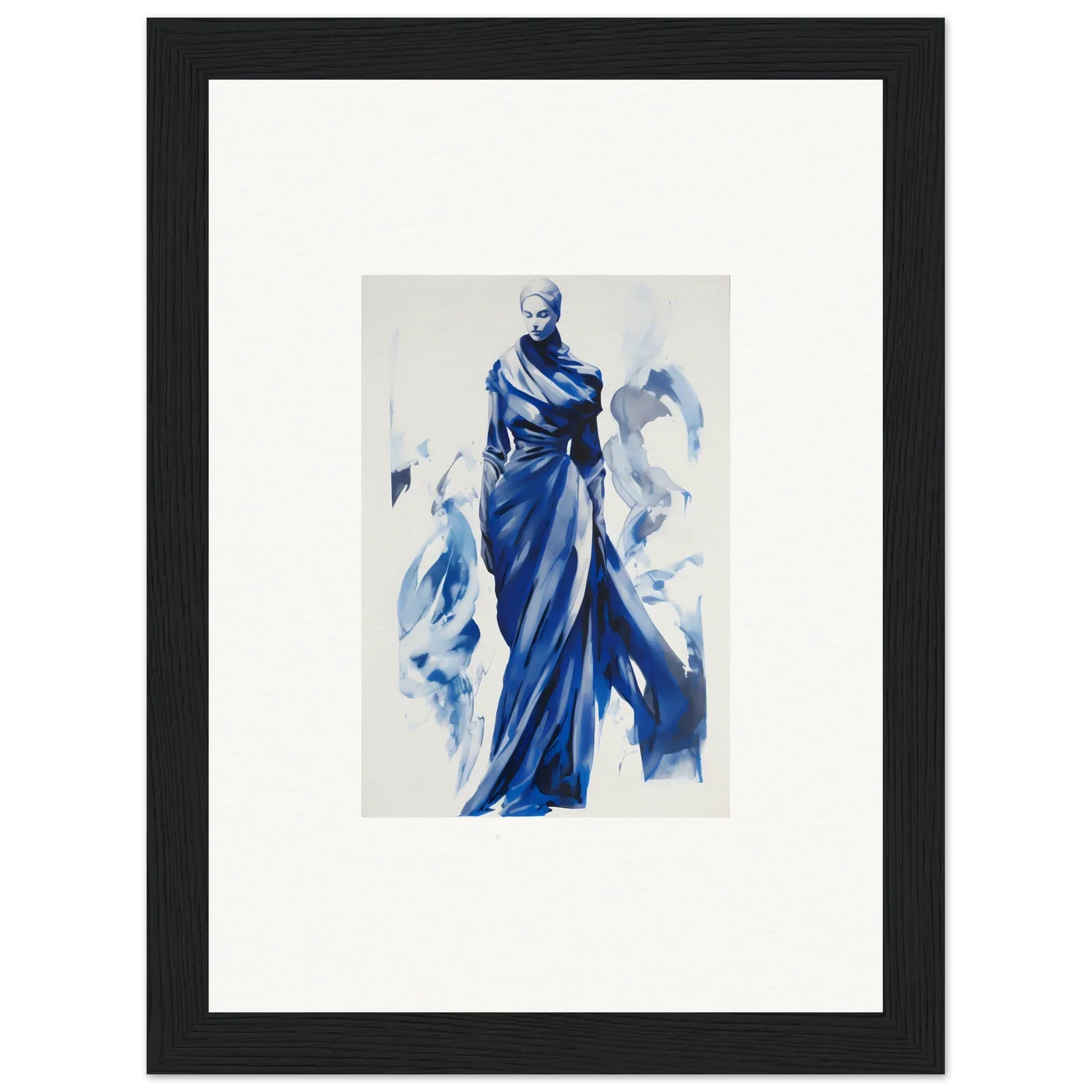 Elegant figure in flowing blue robes, part of Cosmic Mood Cloaked framed wall art