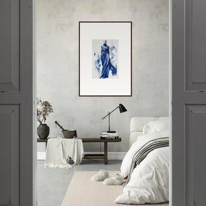 Framed wall art of a blue and white dress in the Cosmic Mood Cloaked style