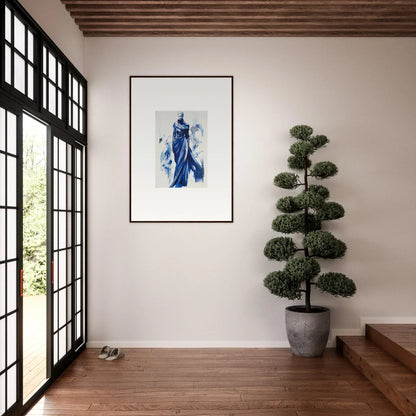 Framed wall art of a flowing blue dress in Cosmic Mood Cloaked design