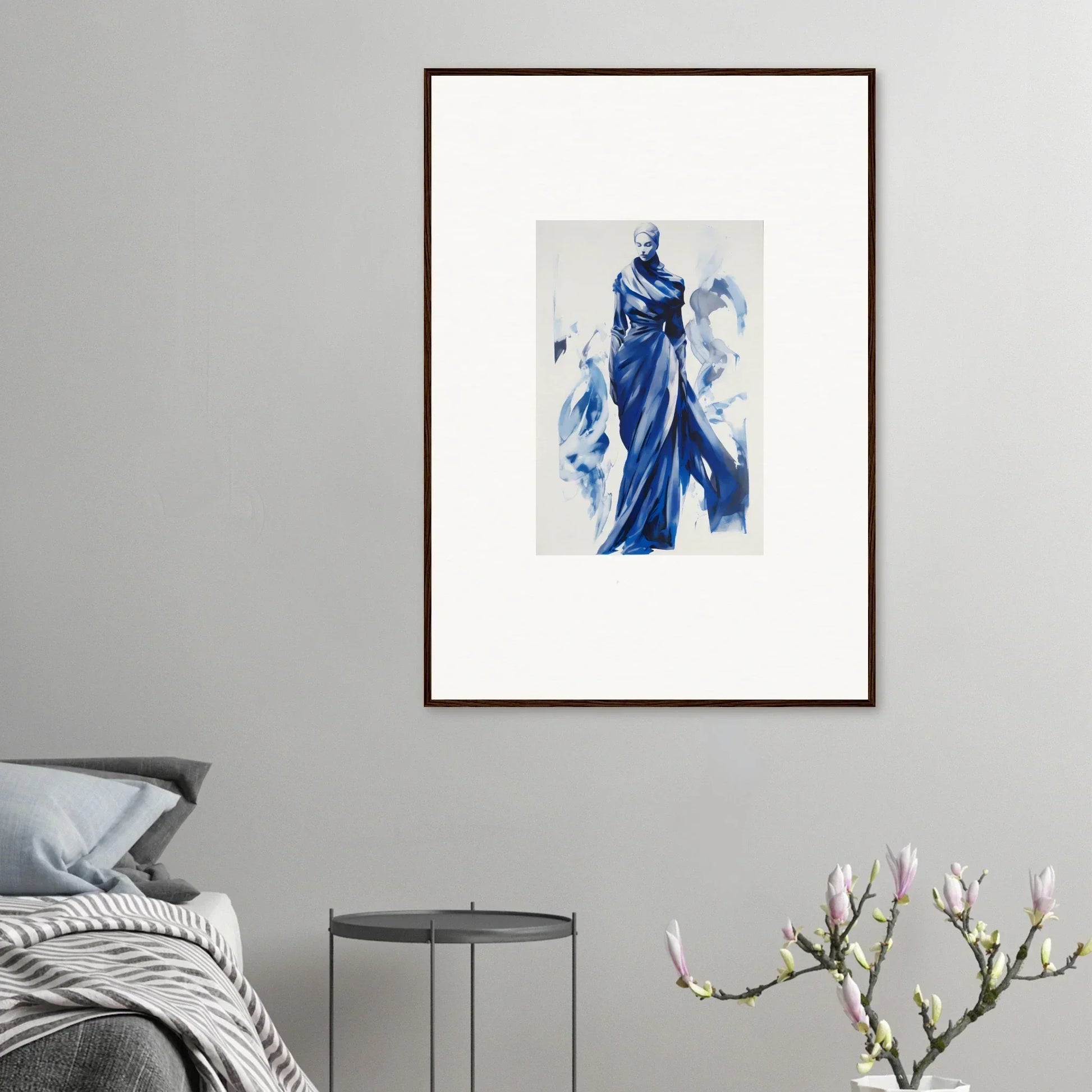 Framed watercolor art of a figure in blue robes, perfect for Cosmic Mood Cloaked fans