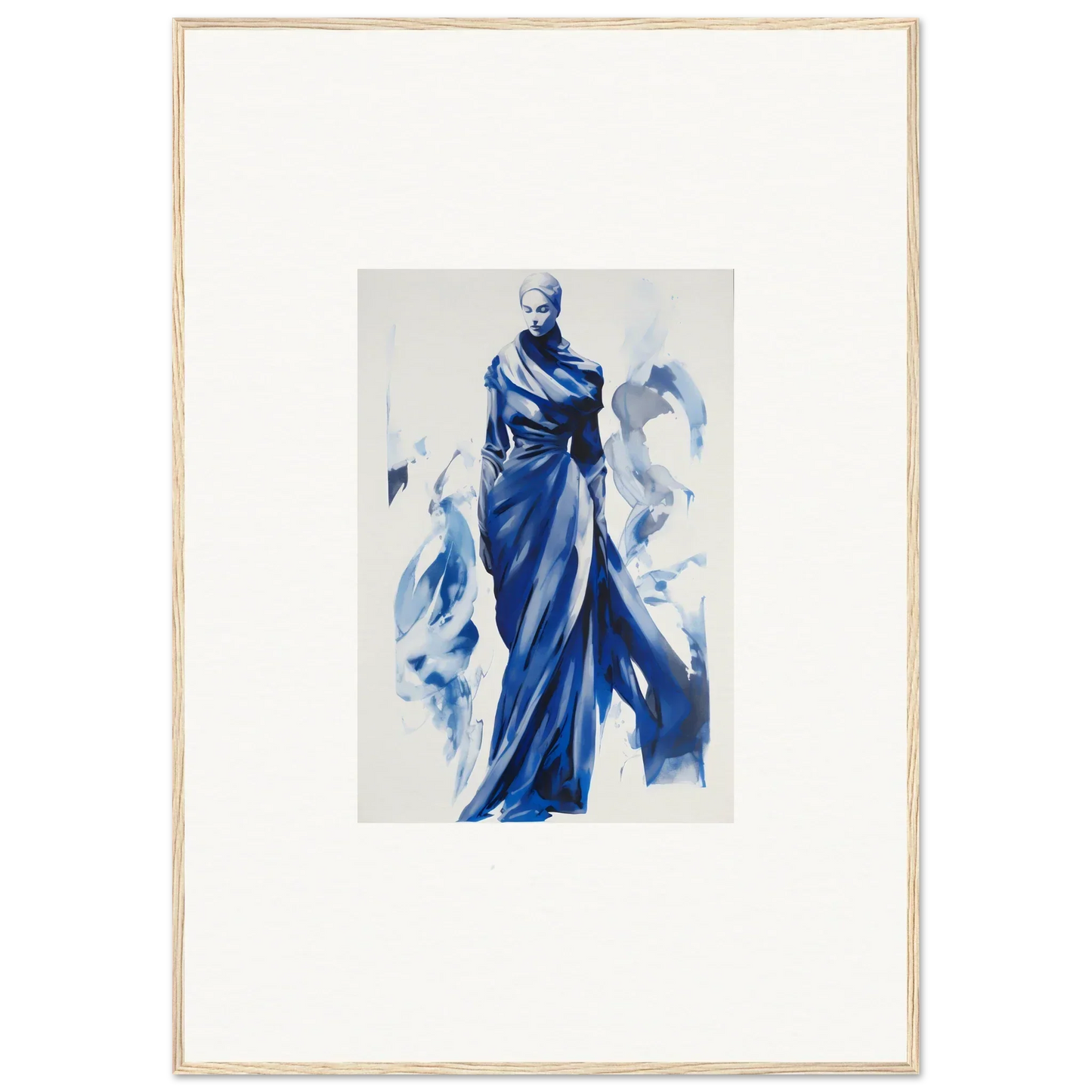 Elegant figure in flowing blue robes in Cosmic Mood Cloaked framed wall art