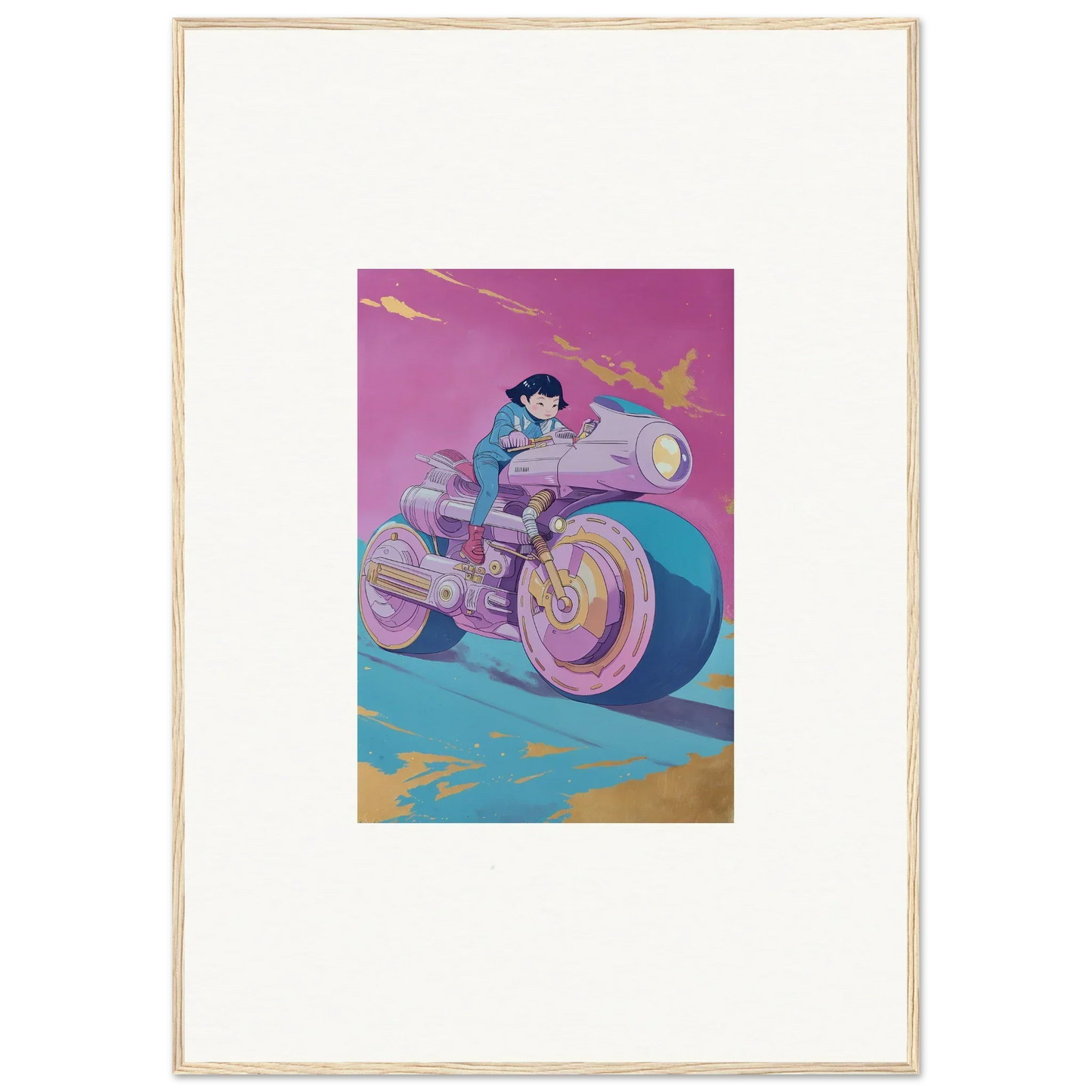 Stylized illustration of a person on a futuristic motorcycle, perfect for your Cosmic Ride Symphony room decoration