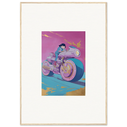 Stylized illustration of a person on a futuristic motorcycle, perfect for your Cosmic Ride Symphony room decoration