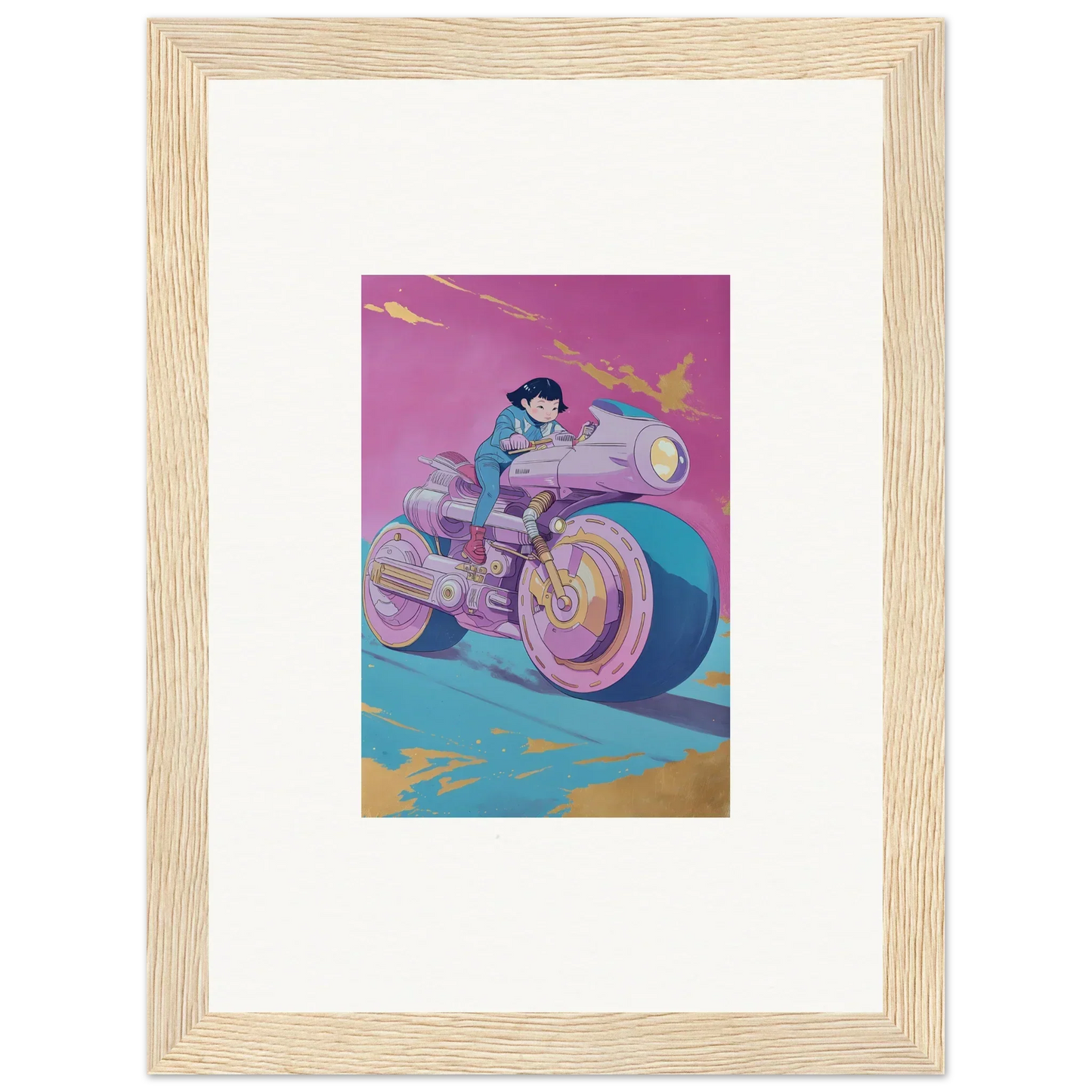 Colorful illustration of a person on a motorcycle, perfect for ride symphony room decoration