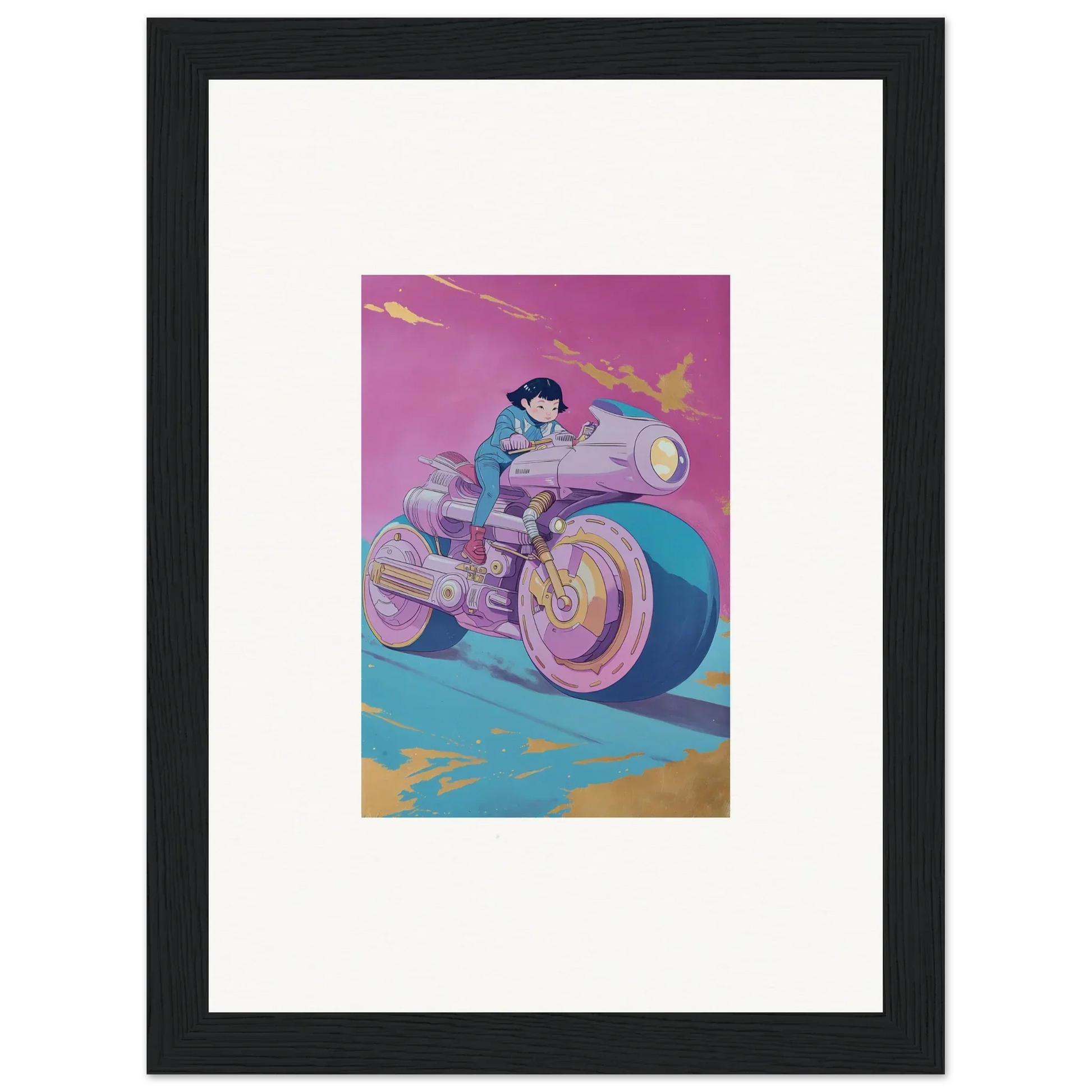 Stylized illustration of a person on a futuristic motorcycle for Cosmic Ride Symphony canvas print