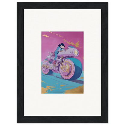 Stylized illustration of a person on a futuristic motorcycle for Cosmic Ride Symphony canvas print