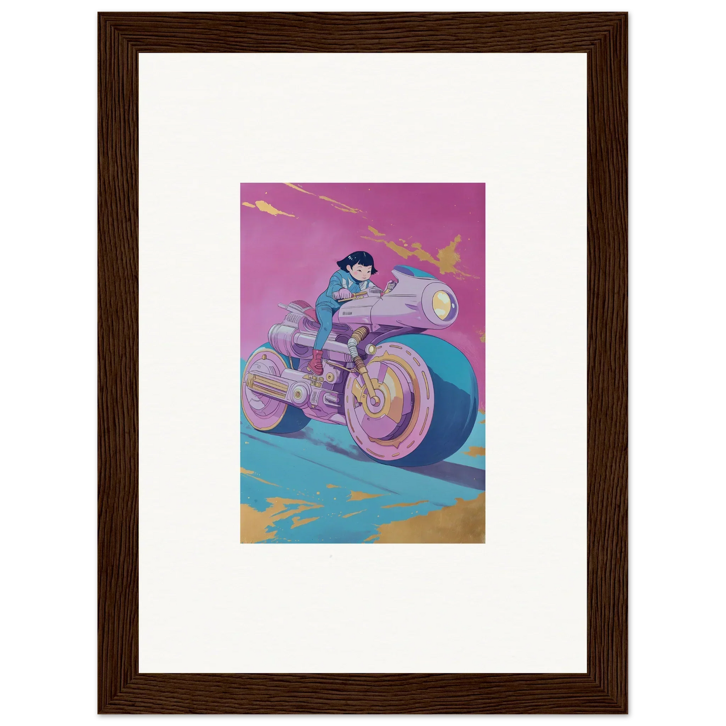 Stylized illustration of a person on a colorful motorcycle for room decoration canvas print