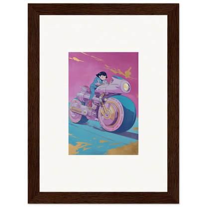 Stylized illustration of a person on a colorful motorcycle for room decoration canvas print