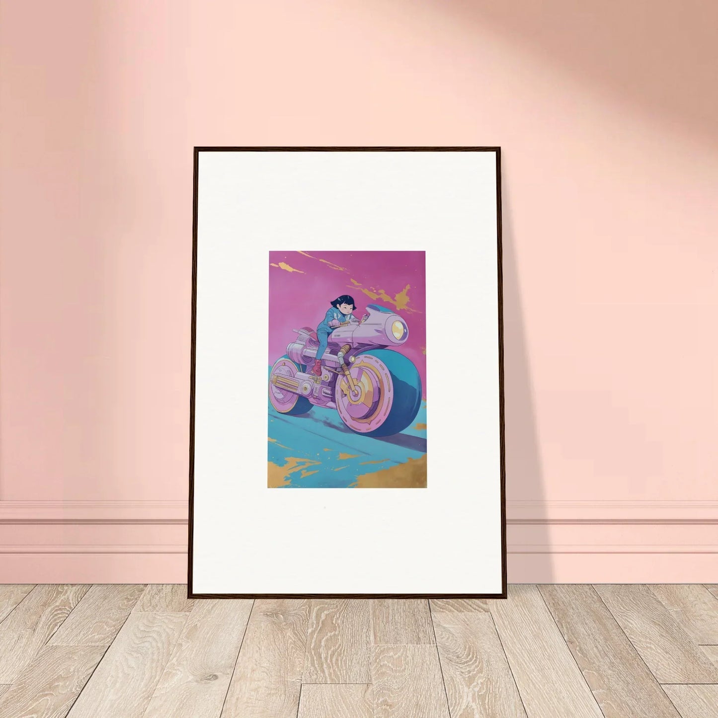 Framed canvas print of a motorcyclist in vibrant colors for cool room decoration