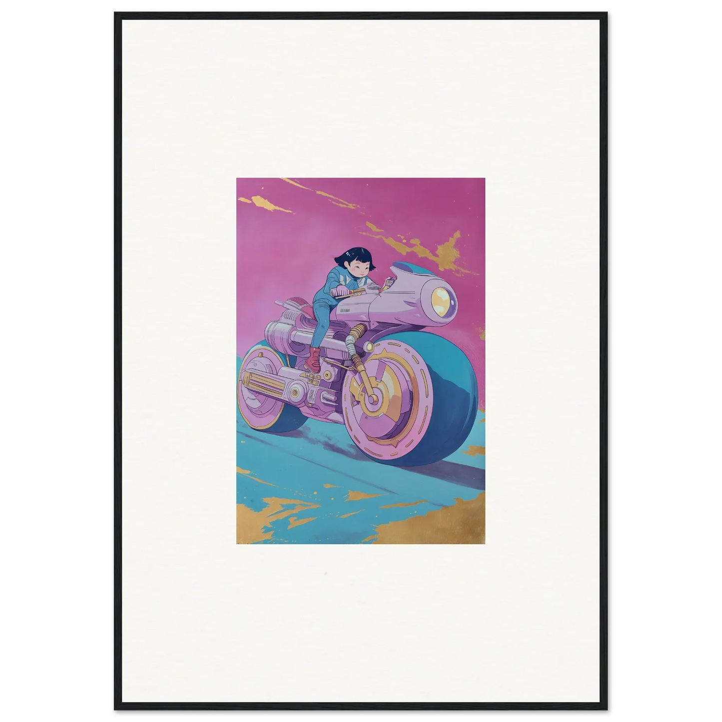 Stylized illustration of a person on a futuristic motorcycle for a Cosmic Ride Symphony canvas print