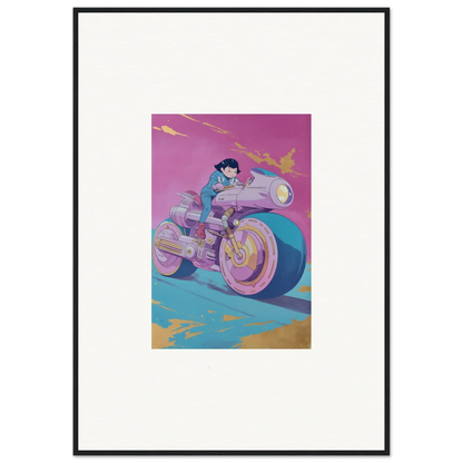 Stylized illustration of a person on a futuristic motorcycle for a Cosmic Ride Symphony canvas print