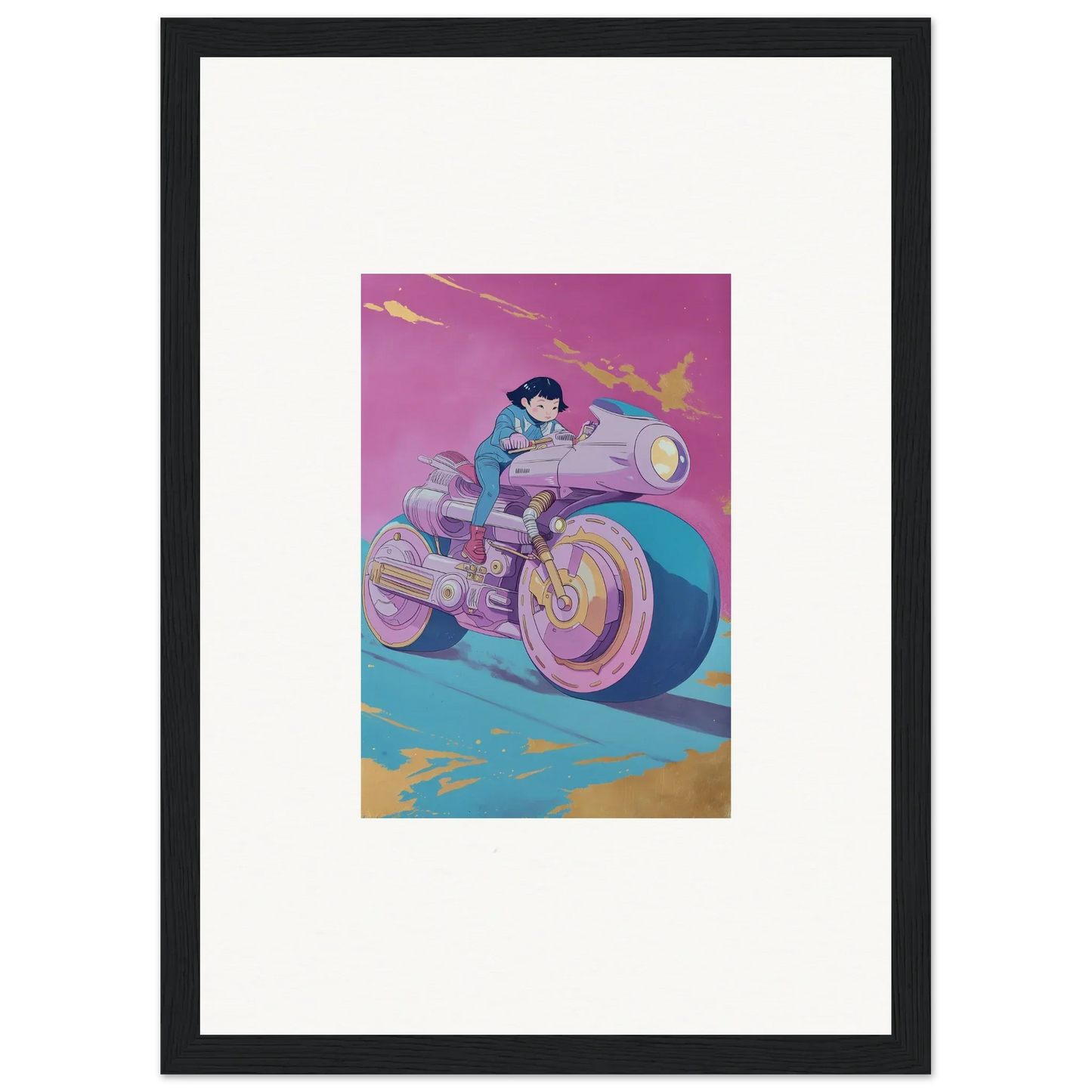 Stylized illustration of a person on a futuristic motorcycle for a Cosmic Ride Symphony canvas print