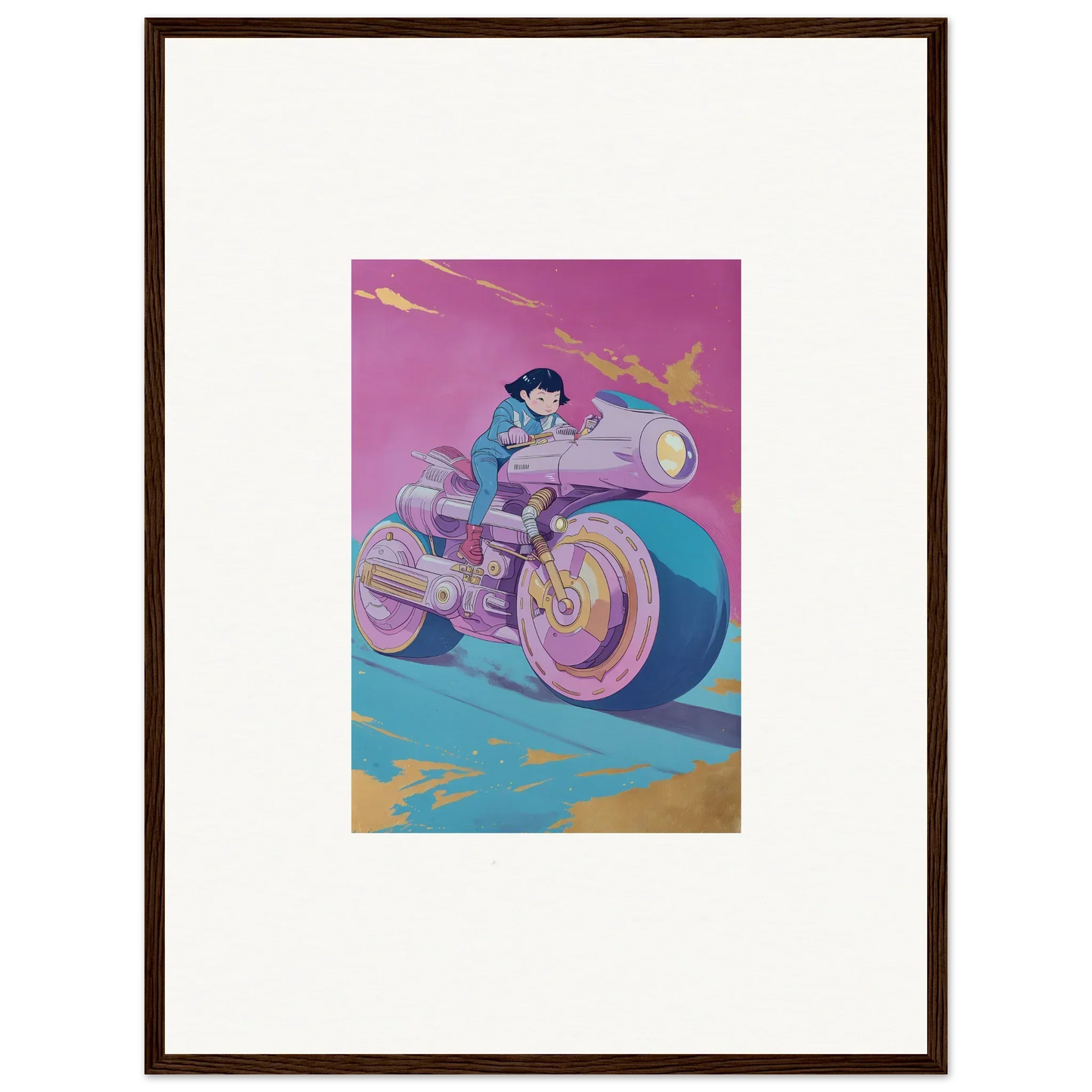 Stylized illustration of a person on a futuristic motorcycle for room decoration canvas print